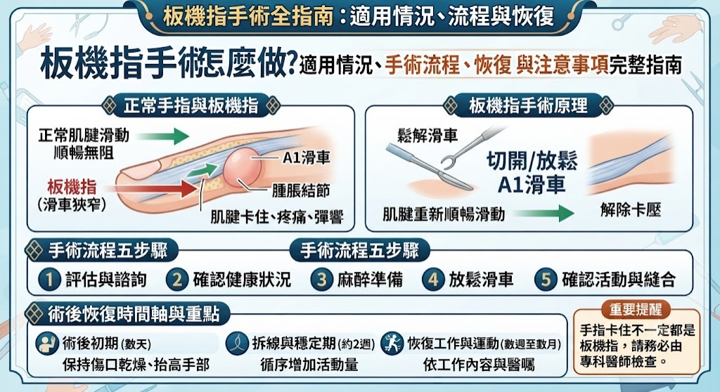 板機指手術怎麼做？適用情況、手術流程、恢復時間與注意事項完整指南