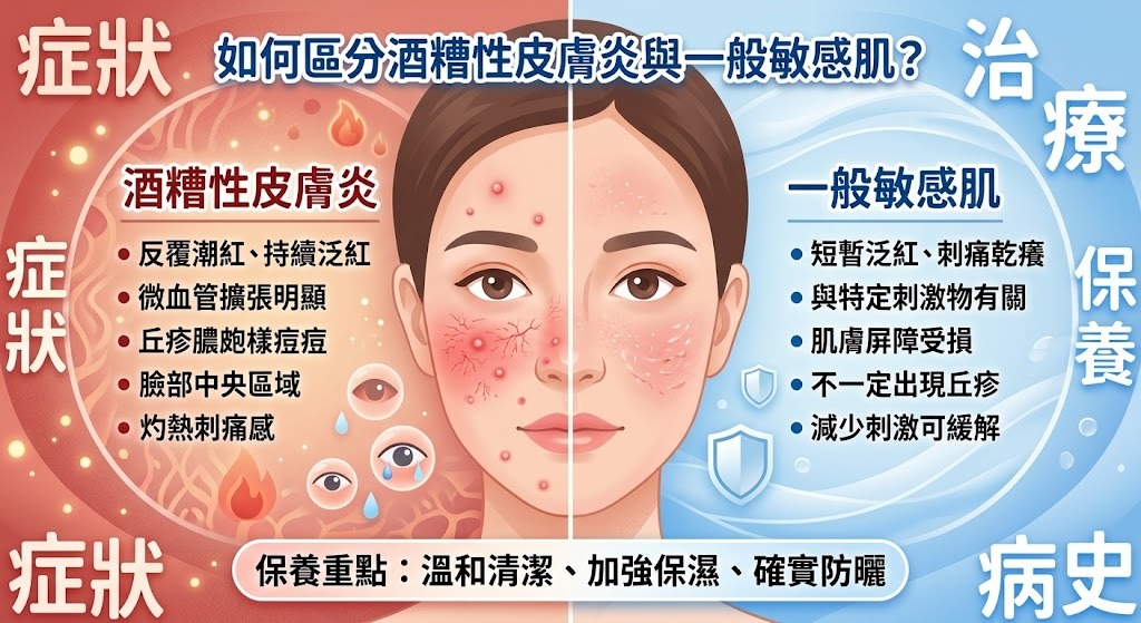 酒糟性皮膚炎 vs 一般敏感肌怎麼分？症狀、保養、治療與選擇完整比較