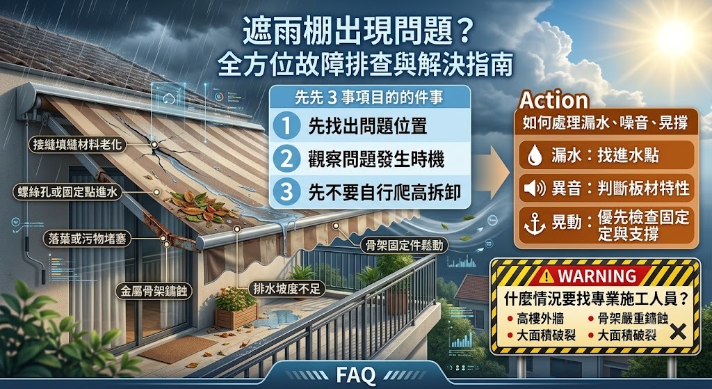 遮雨棚漏水、晃動怎麼辦？常見原因、排查流程與修復注意事項