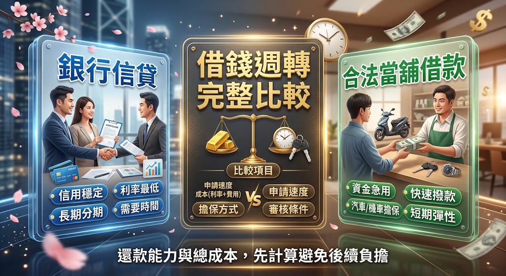 借錢週轉怎麼選？銀行信貸 vs 合法當舖借款，申請速度、條件與成本完整比較