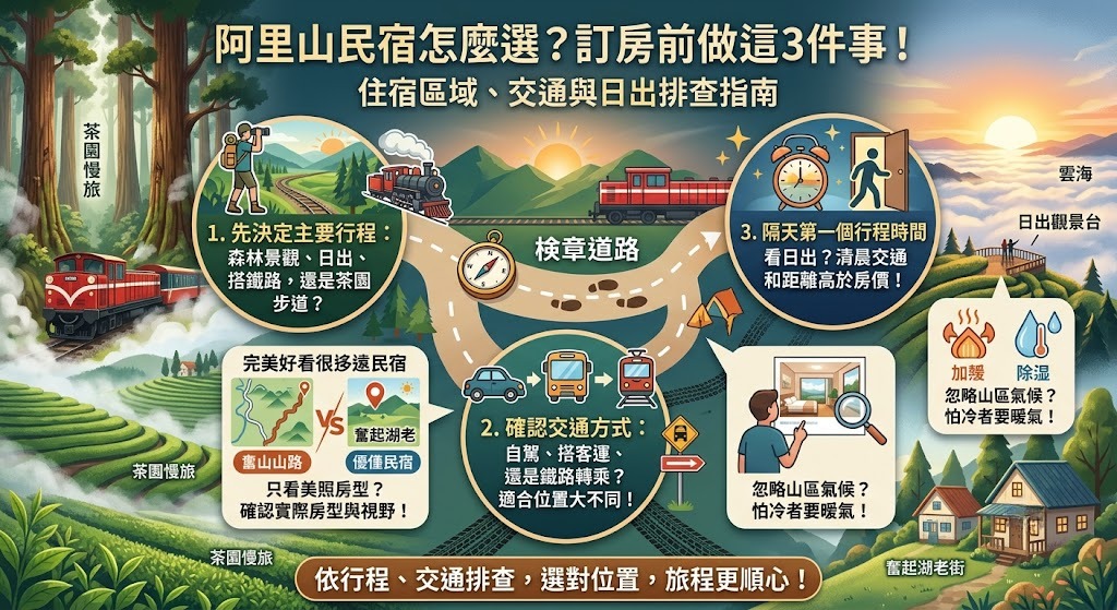 阿里山民宿怎麼選？訂房前先做這3件事，住宿區域、交通與看日出排查指南