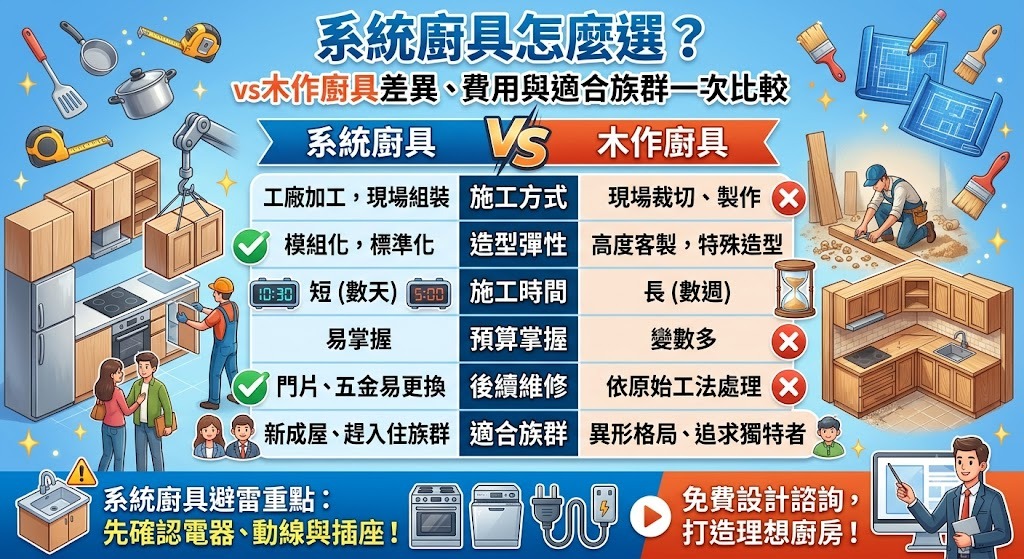 系統廚具怎麼選？系統廚具 vs 木作廚具差異、費用與適合族群一次比較