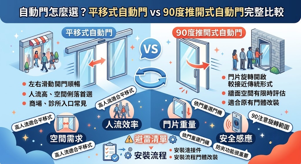 自動門怎麼選？平移式自動門 vs 90度推開式自動門完整比較