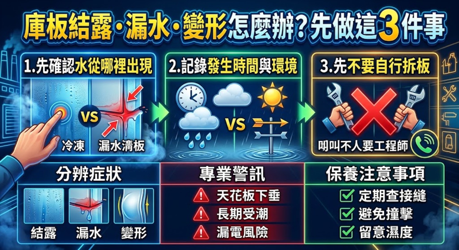 庫板結露、漏水、變形怎麼辦？常見原因、排查流程與修復重點一次看