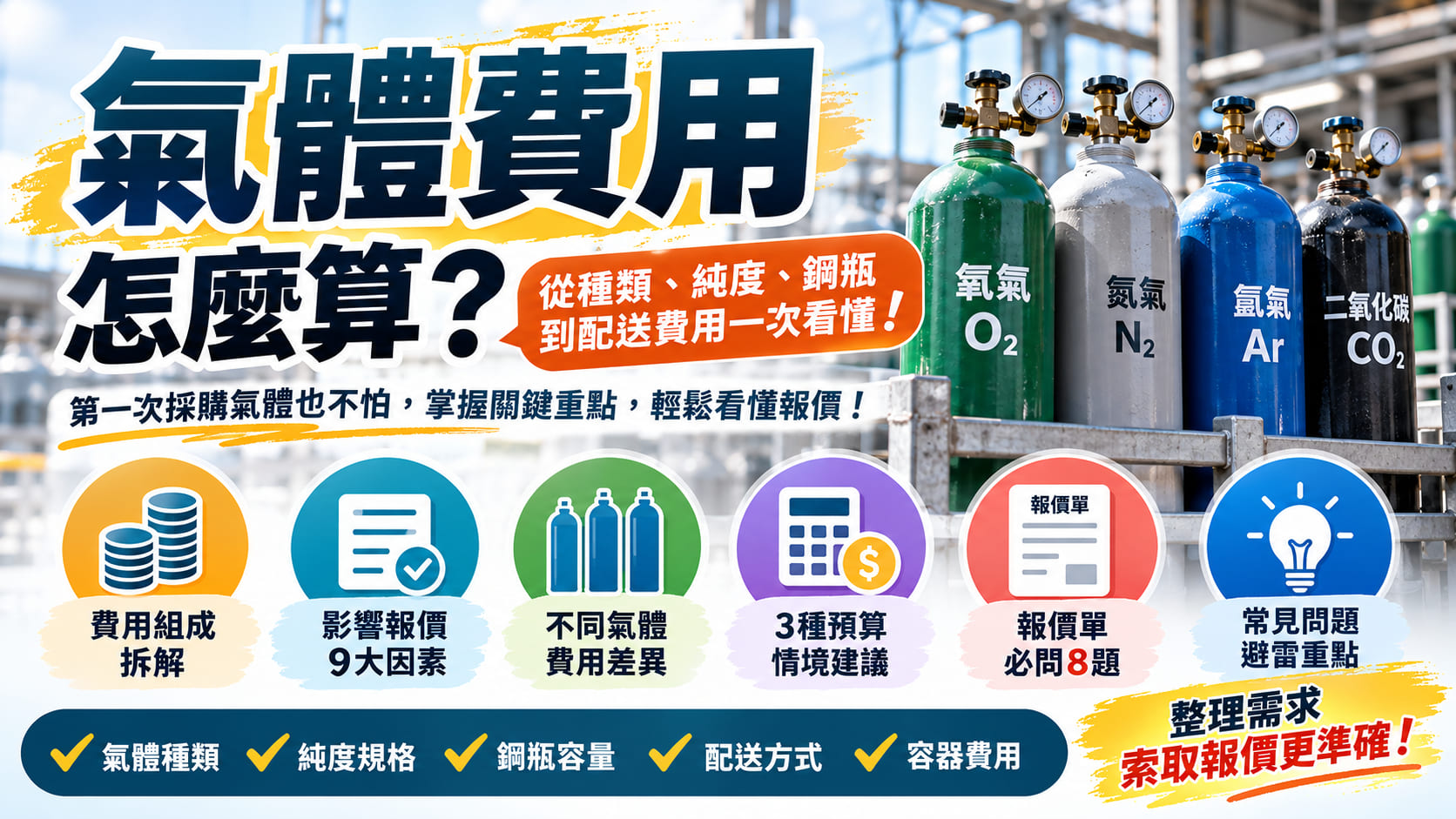 氣體費用怎麼算？從種類、純度、鋼瓶到配送費用一次看懂
